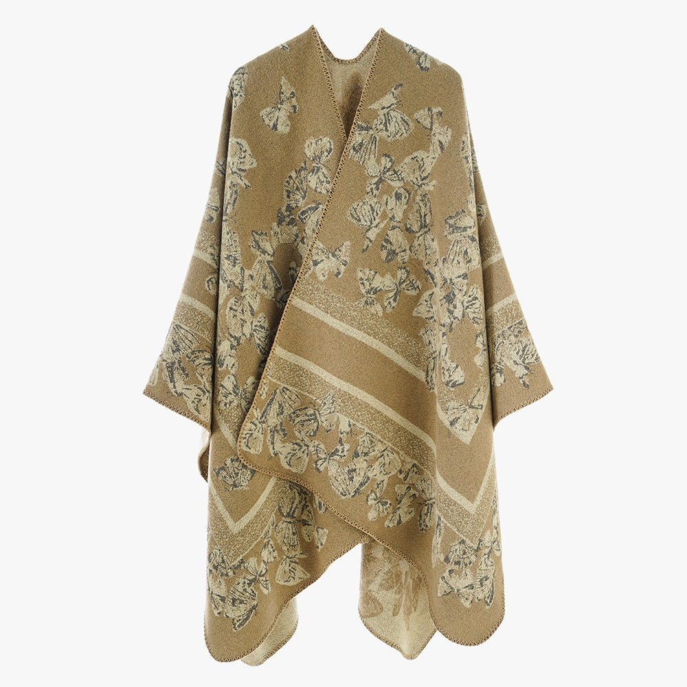 Dam Jacquard capeponcho med Butterfly mönster och ullblandning look