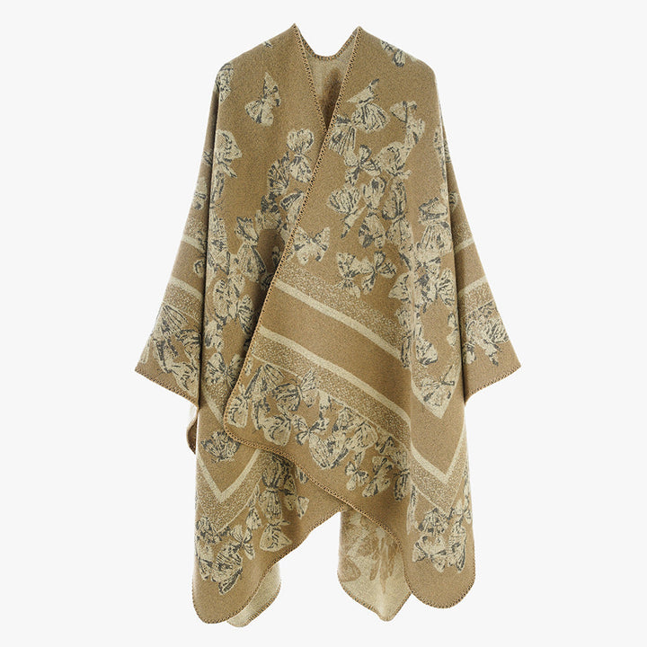 Dam Jacquard capeponcho med Butterfly mönster och ullblandning look