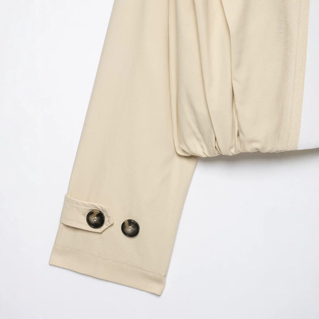 Dam Kort Double-Breasted Trench Jacka med Stå Krage, Epaulettes och Elastic Nederkant