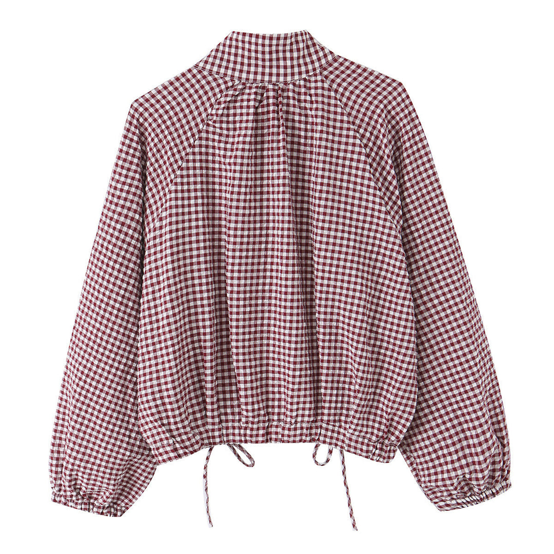 Dam Rutig Gingham Blouson med Drawstring Nederkant, Raglan Ärmar och Stå Krage