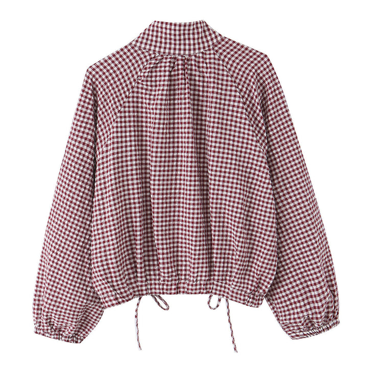 Dam Rutig Gingham Blouson med Drawstring Nederkant, Raglan Ärmar och Stå Krage
