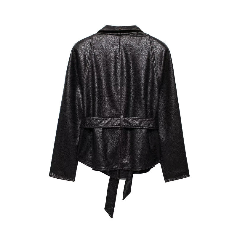 Dam kort jacka gjord grain läder med shawl krage och knytband