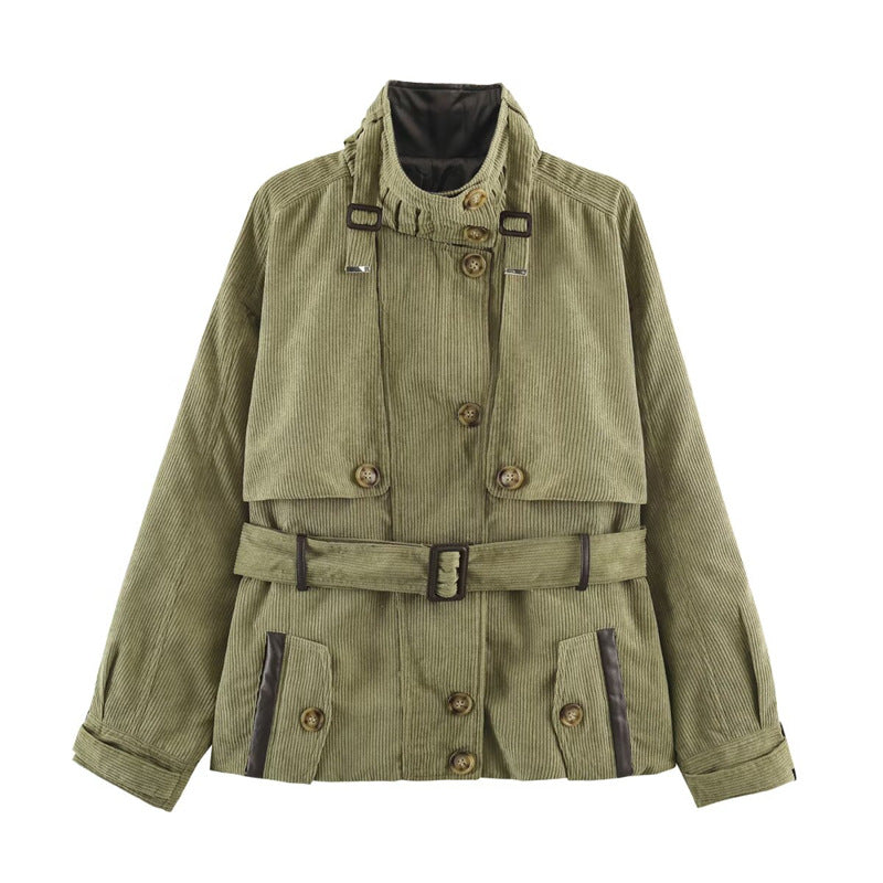 Dam Kort Cord Trenchcoat med Midjebälte, Cape Detail och Ståkrage