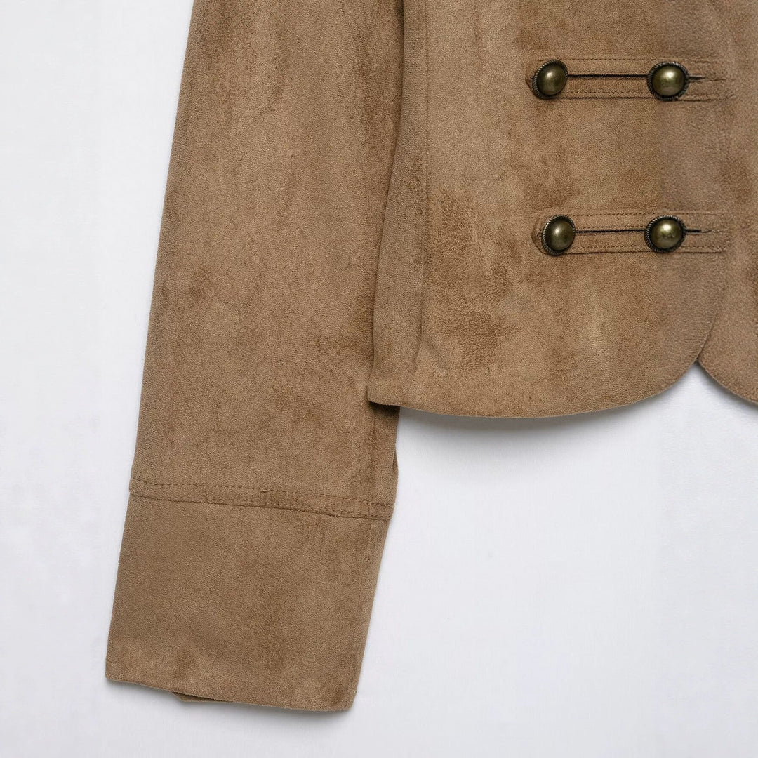 Dam Cavalry Bolero i Suede Look med Dekorativ Knapp Row