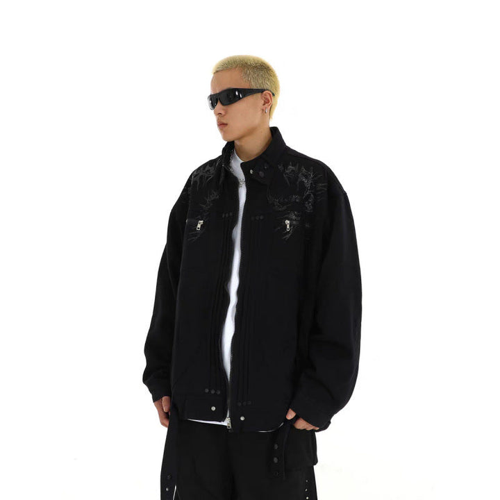 Herr Oversized Utilityjacka med Embroidery, Ståkrage, Dragkedja och Long Straps