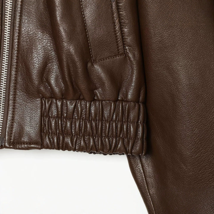Dam Kort Biker Blouson i Läderlook med Hög Funnel Krage