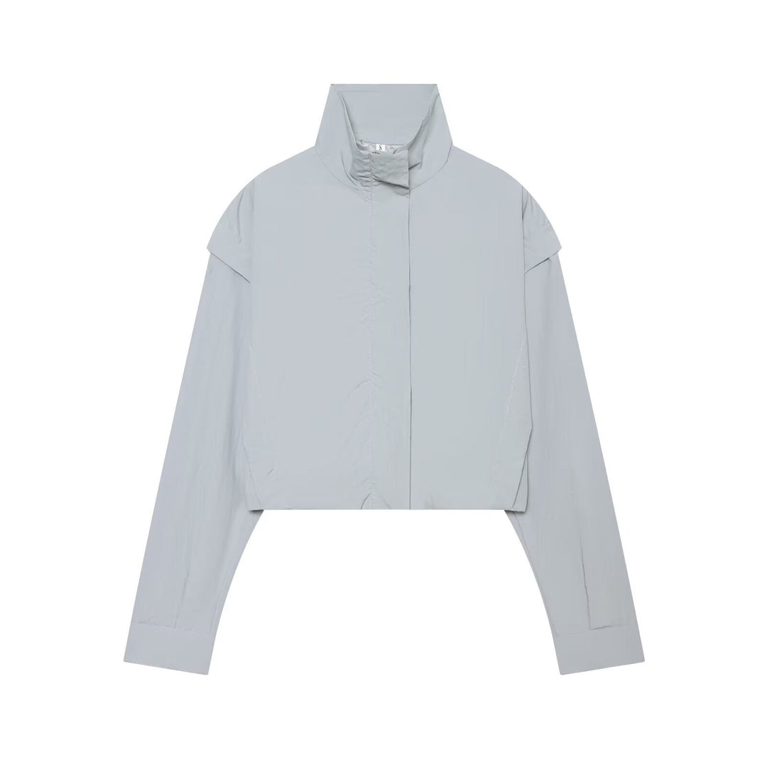 Dam kort funktionell windbreaker med hög standing krage och dold dragkedja