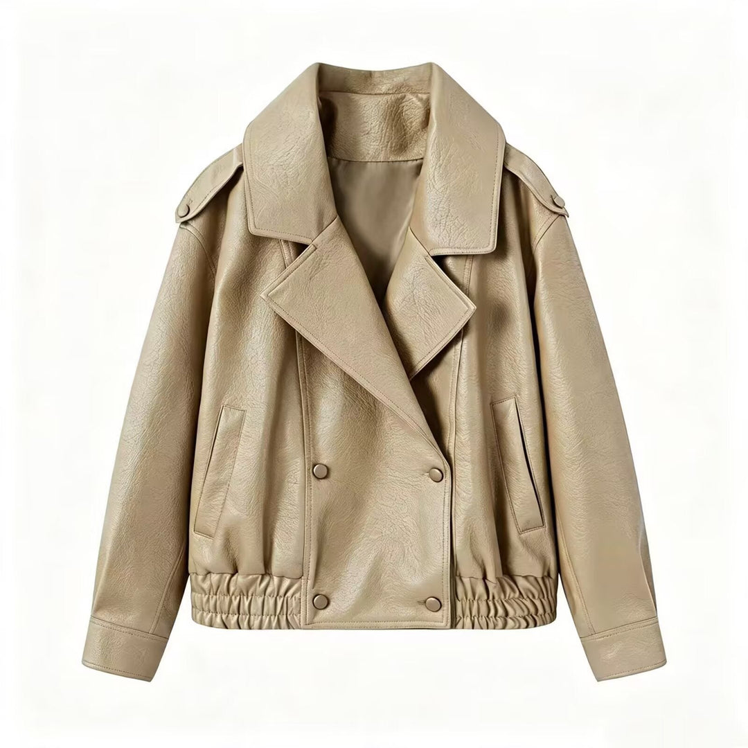 Dam Kort Skärning Double-Breasted Faux Läder Blouson med Elastic Nederkant