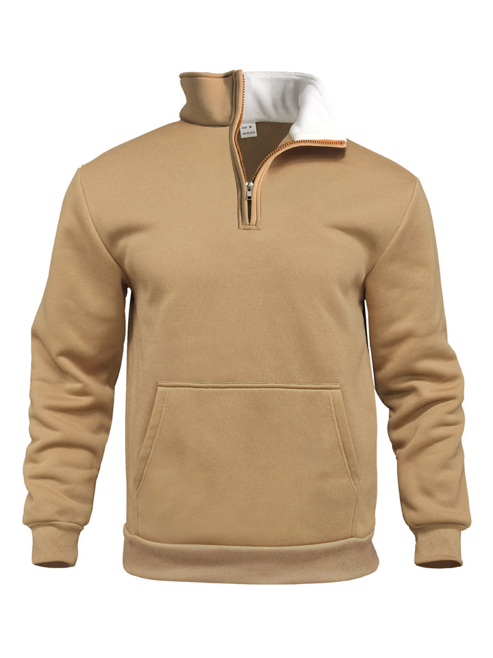 Herr Comfort Halv Dragkedja Sweat med Hög Fleece Krage, Känguruficka och Shape-Stable Ribbad Fåll