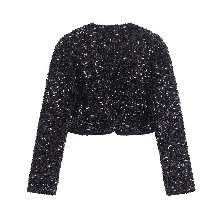 Dam sequin bolero jacka med double bow closure, vadderad foder och figurnära cropped skärning
