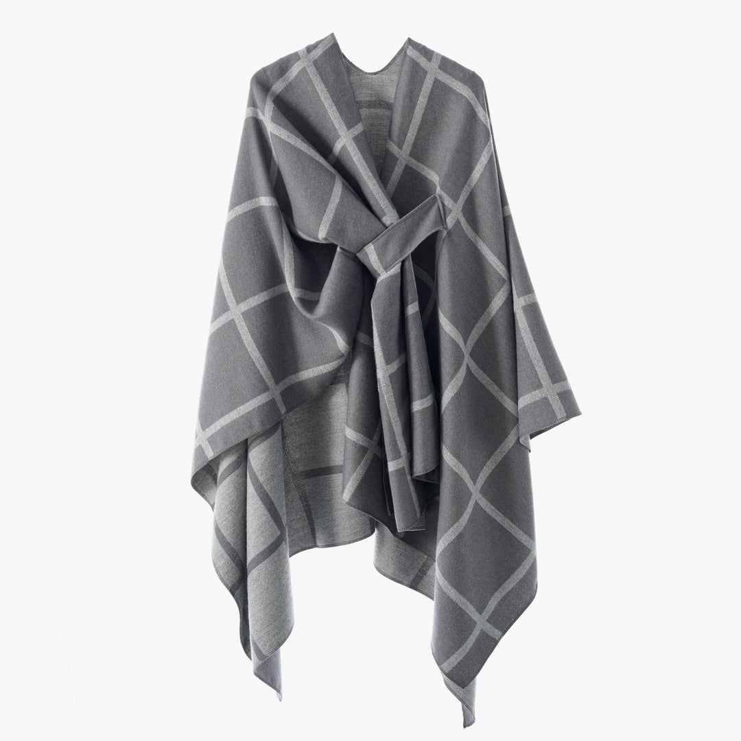 Dam Oversize ullblandning poncho med bälte och Check mönster
