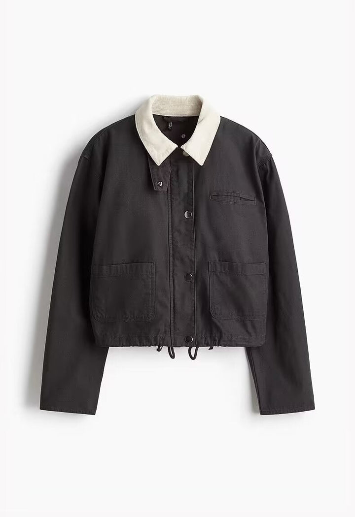 Dam Kort Övergångsjacka i Workwear Look med Cord Krage, Press Knapp Knäppning och Drawstring