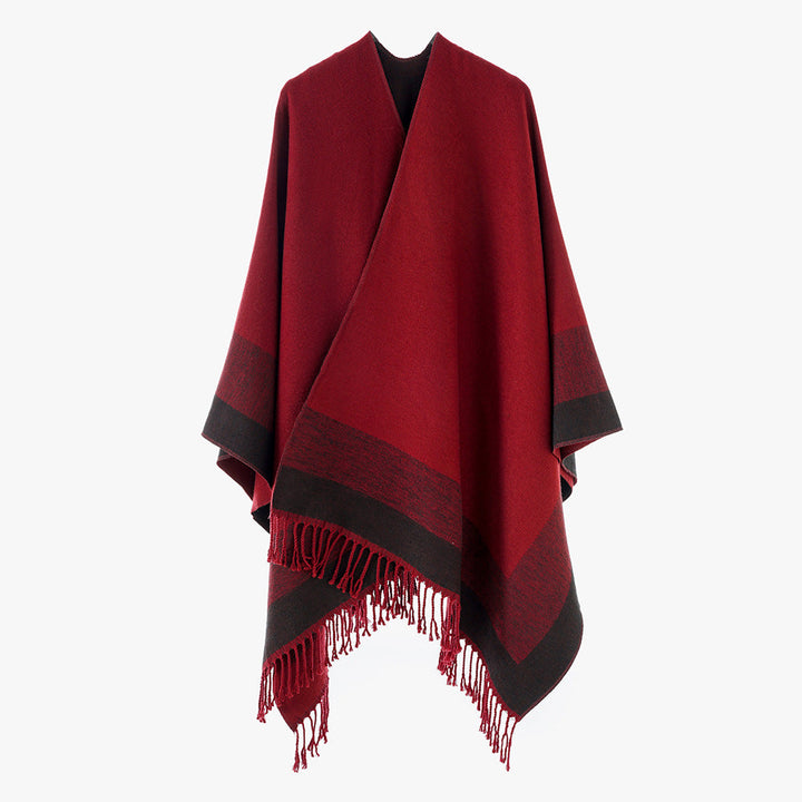 Dam Rectangular ullblandning poncho Wrap med öppen front och Fine fransfåll