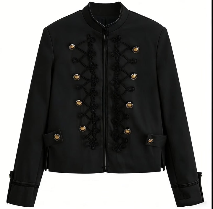 Dam Kort Militär-Stil Jacka med Decorative Cords och Ståkrage