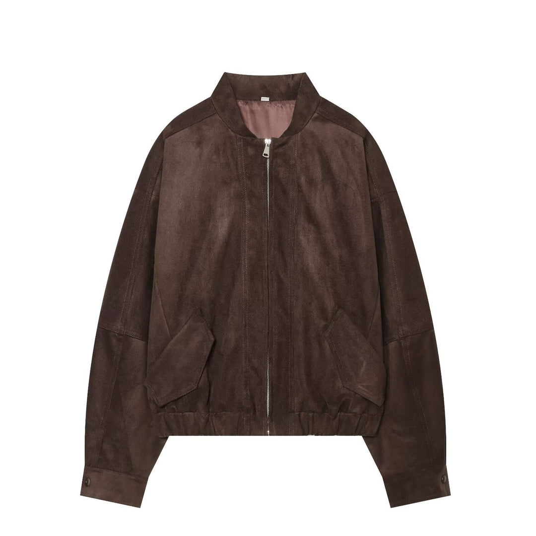 Dam Kort Suede Look Bomber med Dragkedja och Patch Fickor
