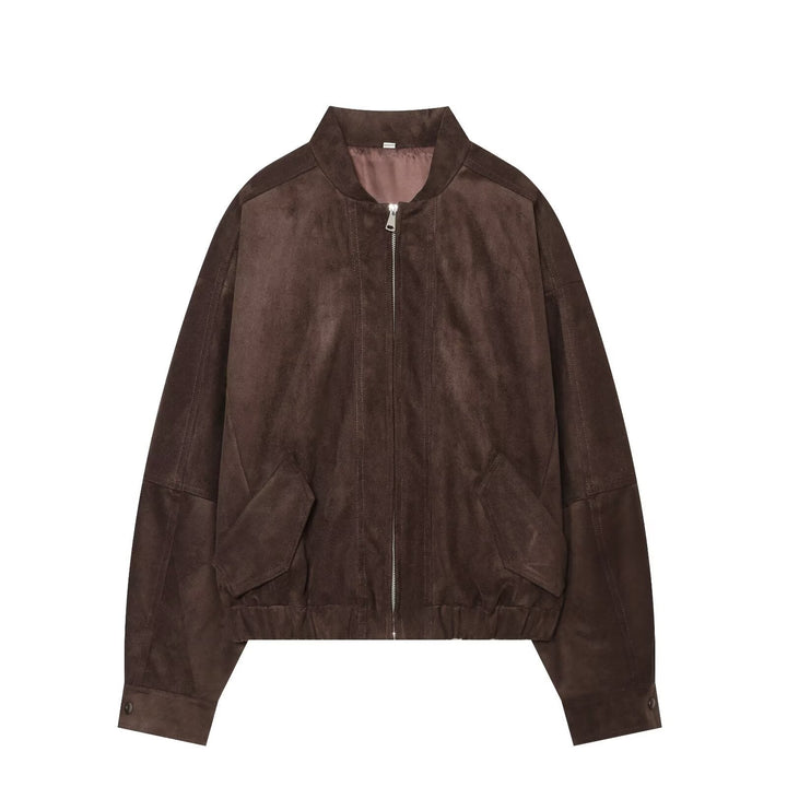 Dam Kort Suede Look Bomber med Dragkedja och Patch Fickor