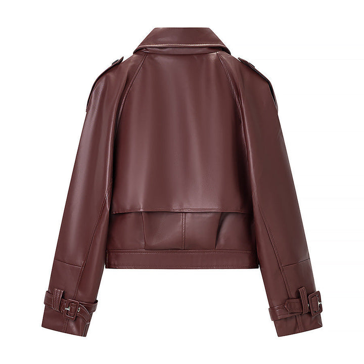 Dam kort skärning bikerjacka in läderlook med asymmetrical lapel och midjebälte