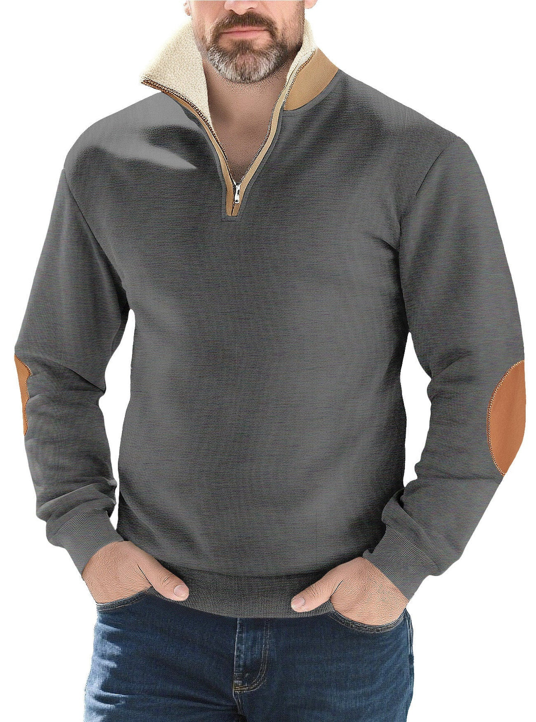 Herr Strukturerad Stickad Halv Dragkedja Pullover med Värmande Sherpa Krage och Velour Elbow Lappar