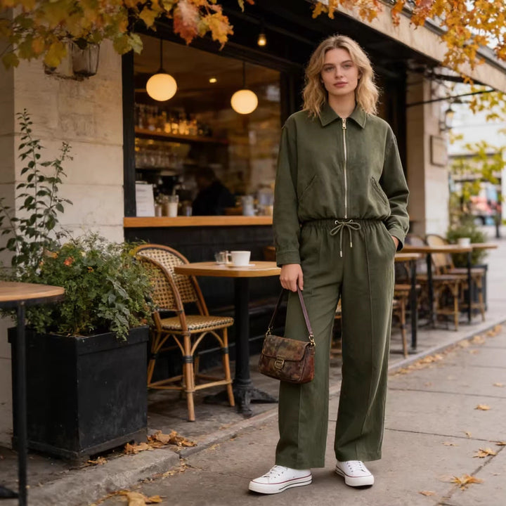 Dam Kort Blouson Jacka i Velour Look med Skjortkrage, Elastic Fåll och Sidofickor