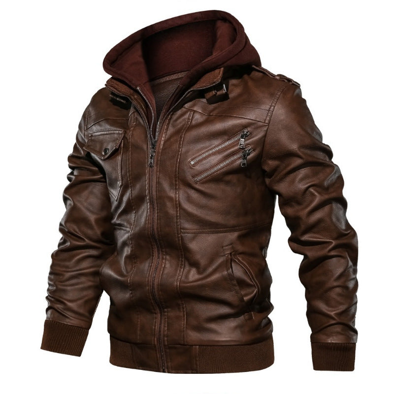 Herr Urban med Huva Läder Jacka i Biker Stil med Dragkedja Detaljer och Ribbad Muddar