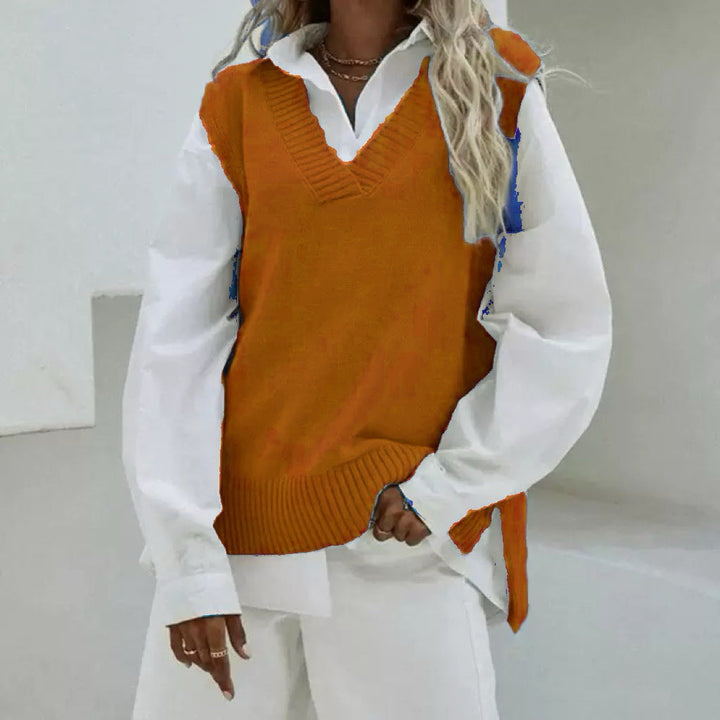 Dam Sleeveless stickad väst med V-Neck och Side Slits
