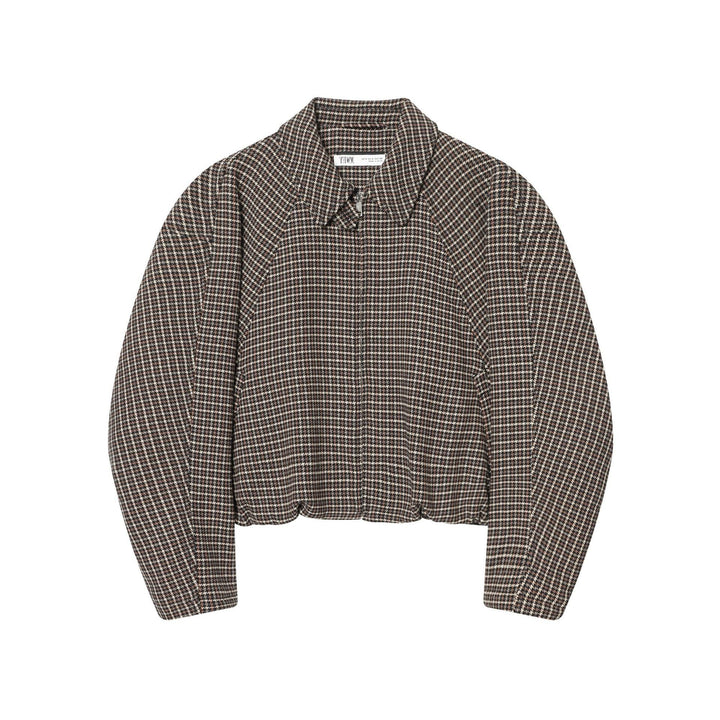 Dam Kort-Skärning Houndstooth Bouclé Jacka med Skjortkrage och Figurnära Silhuett