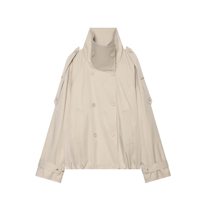 Dam Kort Double-Breasted Cape Trench med Hög Funnel Neck och Ärm Straps