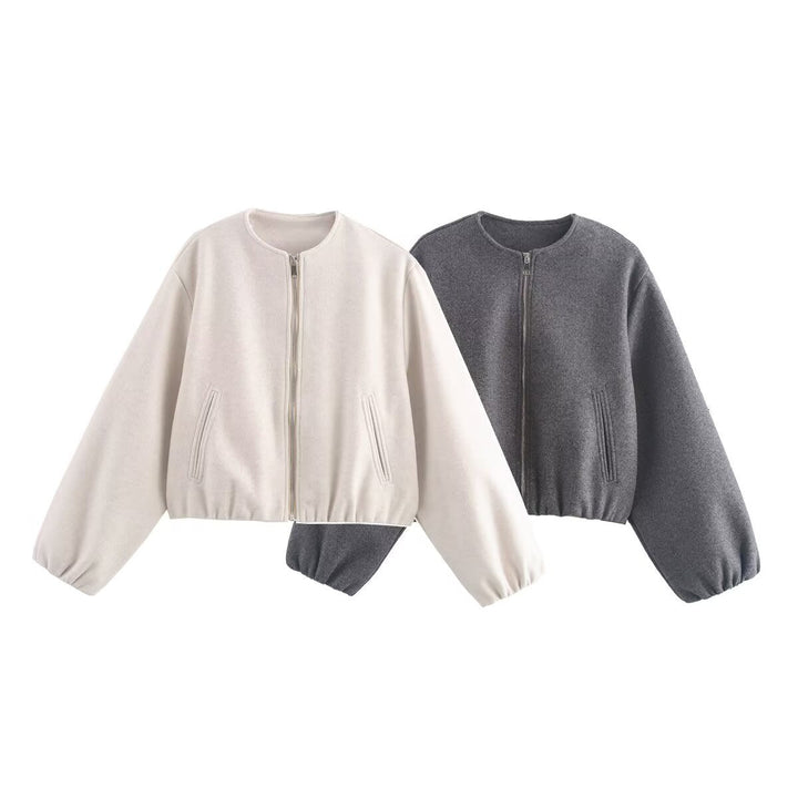 Dam Kort Ull Look Kort Jacka med Dragkedja, Round Neck och Balloon Ärmar