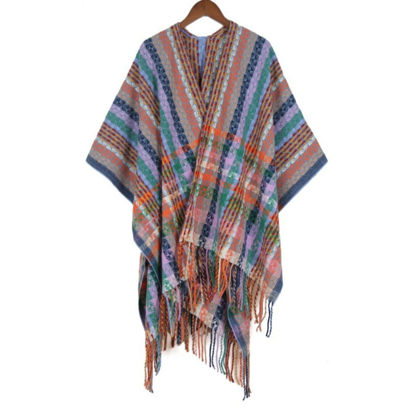 Dam Multicolored Woven poncho i Boho Patchwork design med Fringes