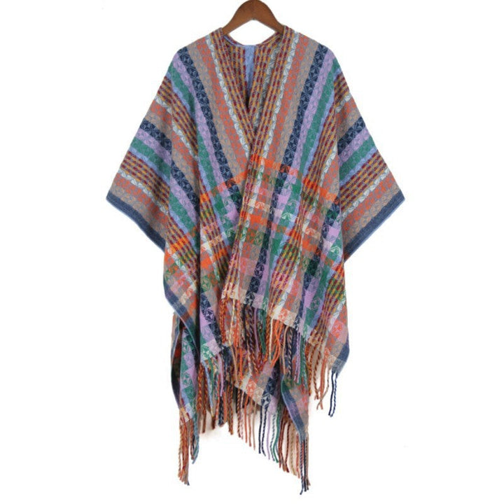 Dam Multicolored Woven poncho i Boho Patchwork design med Fringes