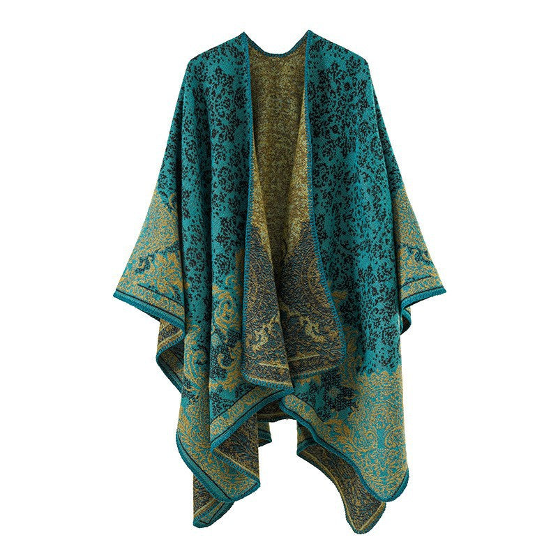 Dam Ornamental Jacquard capeponcho med Open Fall och Decorative Overlock Stitch