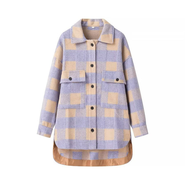 Dam Oversized Rutig Skjorta Jacka med Applied Lockfickor och Extended Fåll