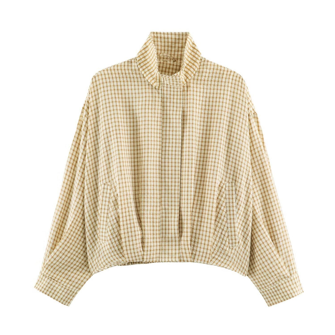 Dam Oversized Rutig Blouson Jacka med Ståkrage
