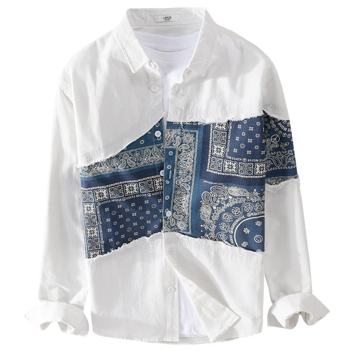 Herr Patchwork Skjortjacka med Bandana Insert, Raw Edges och Lös Passform