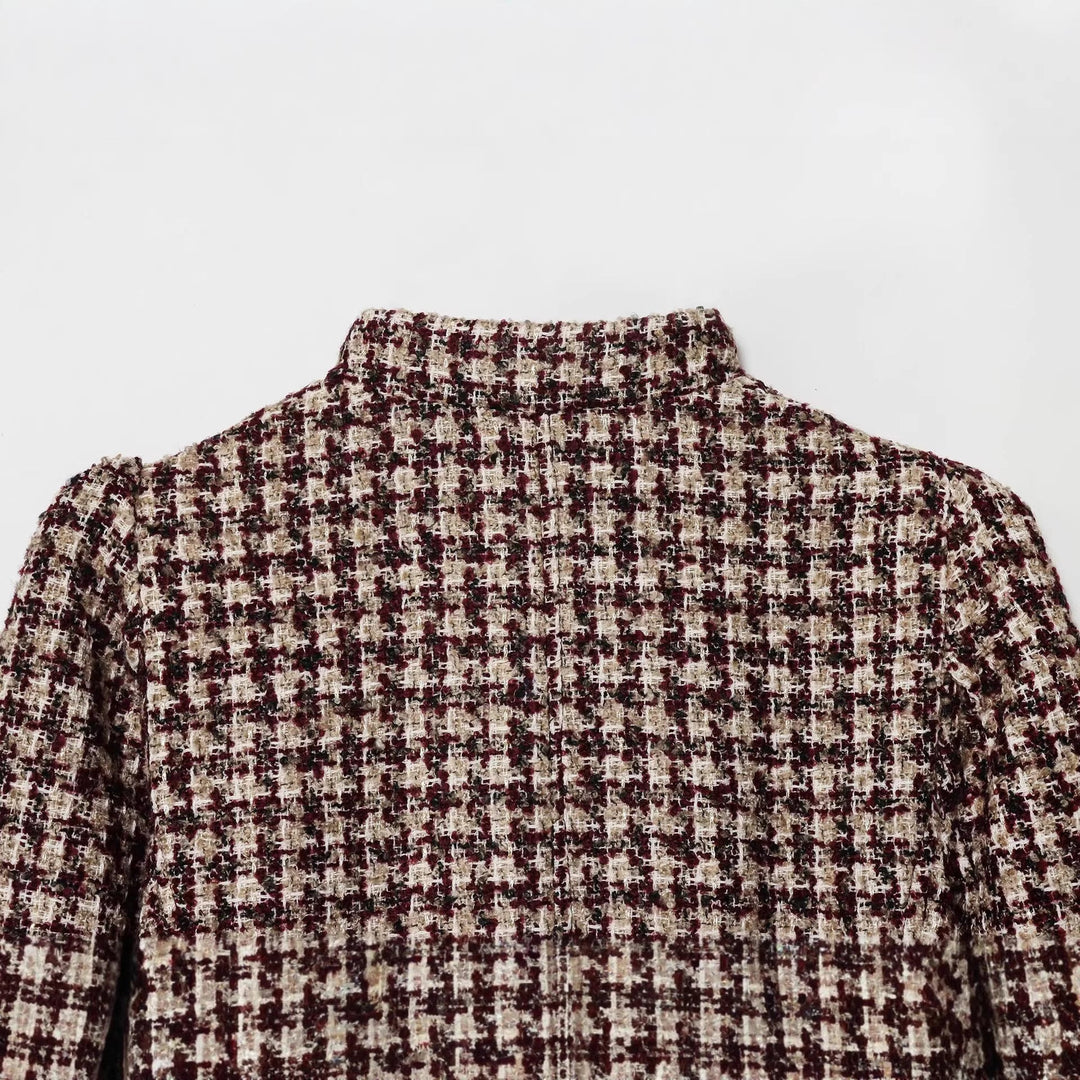 Dam Kort Bouclé Tweedjacka med Stå Krage och Faux Fur Muddar
