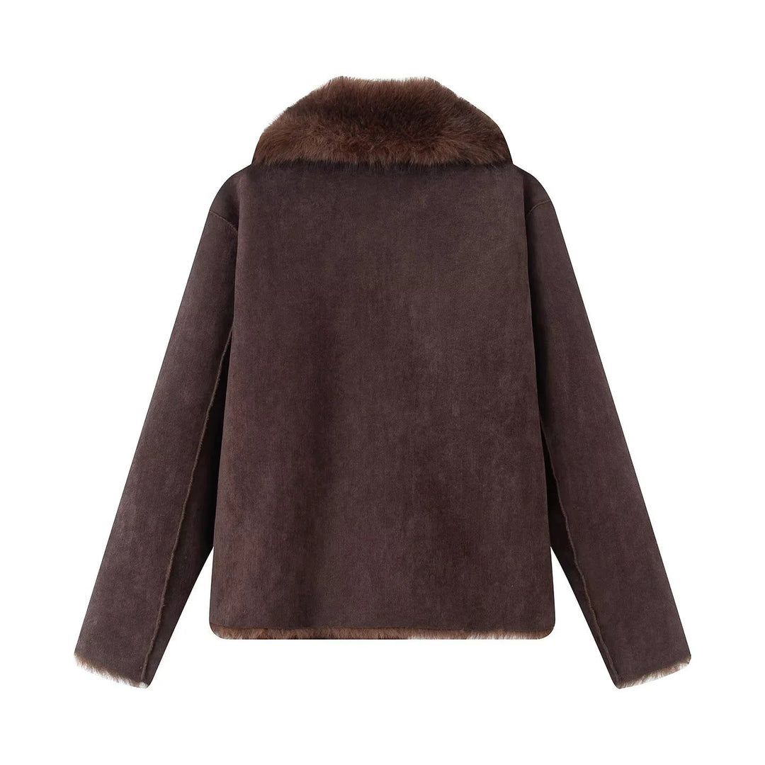 Dam nano kort sheepskin-look jacka med voluminous sjalkrage och concealed knäppning