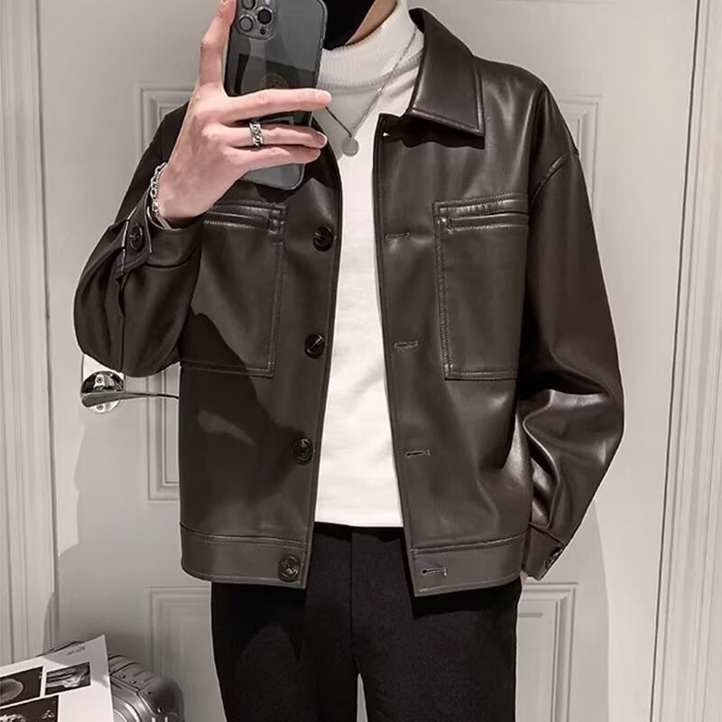 Herr Boxy Överskjorta i Läder Look med Skjorta Krage och Patch Breast Fickor