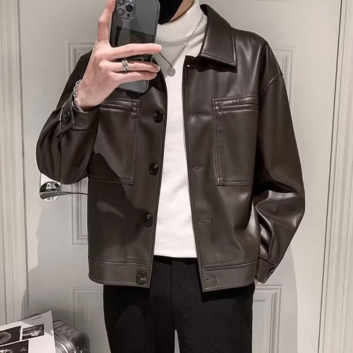 Herr Boxy Överskjorta i Läder Look med Skjorta Krage och Patch Breast Fickor