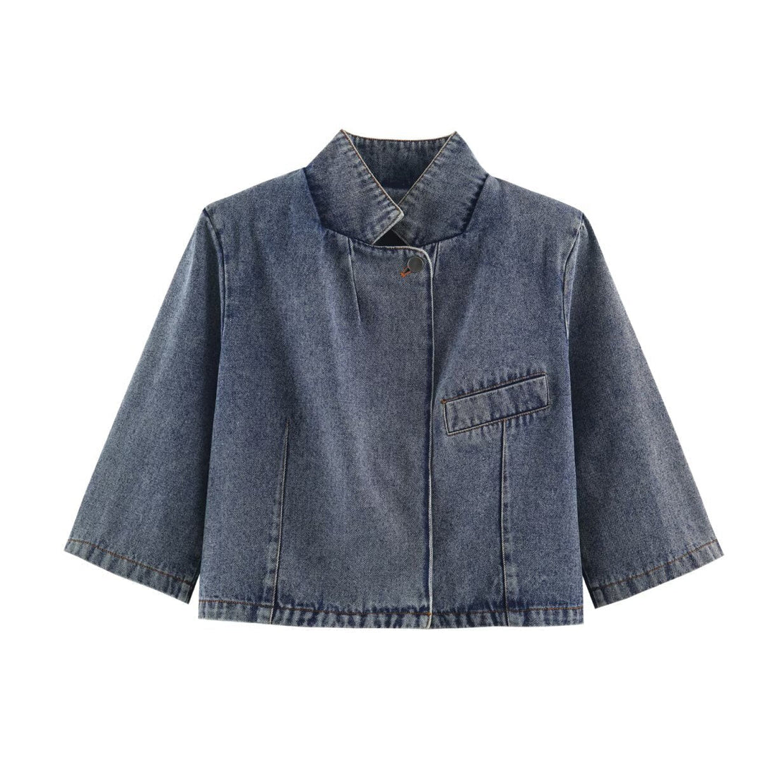 Dam Kort Jeans Jacka i Boxig Skärning med Ståkrage och Three-Quarter Ärmar