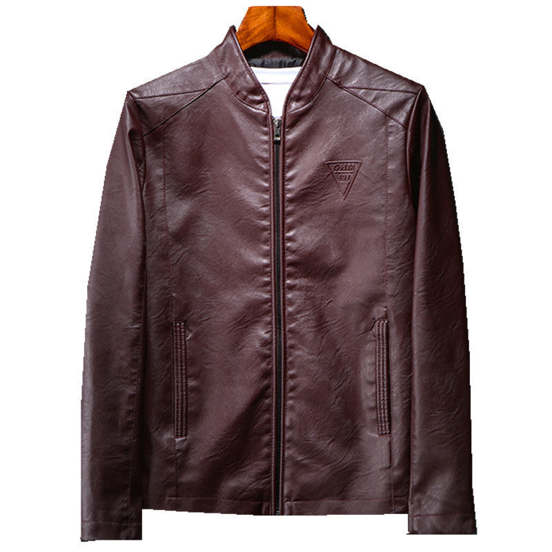 Herr Konstläder Blouson i Smal Passform med Fin Texture, Stående Krage och Dold Dragkedja