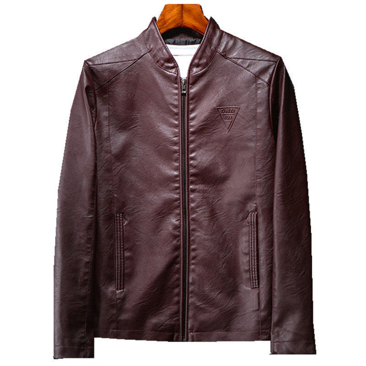 Herr Konstläder Blouson i Smal Passform med Fin Texture, Stående Krage och Dold Dragkedja