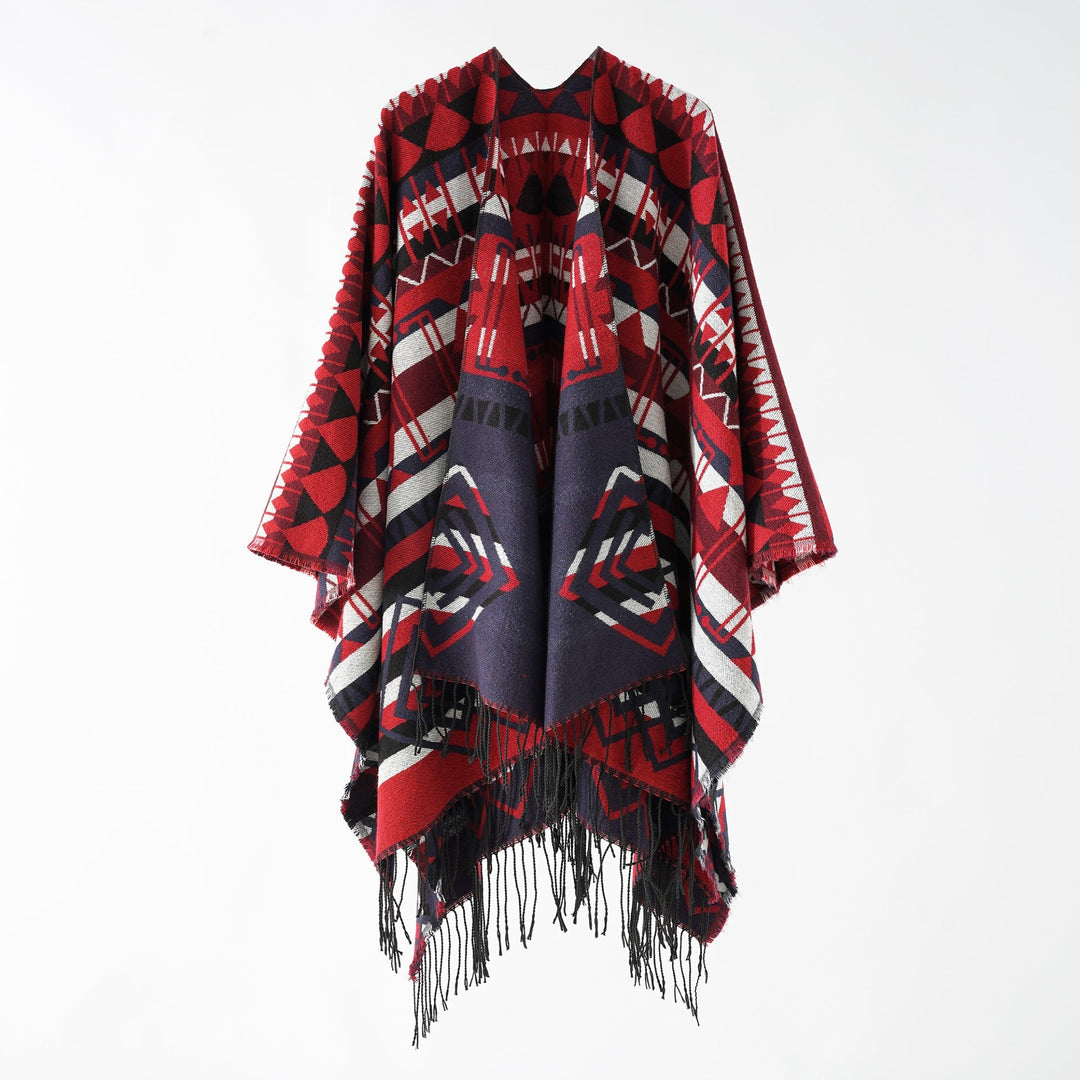 Dam Woven Fringe poncho med Ethno-Jacquard och oversized Drop