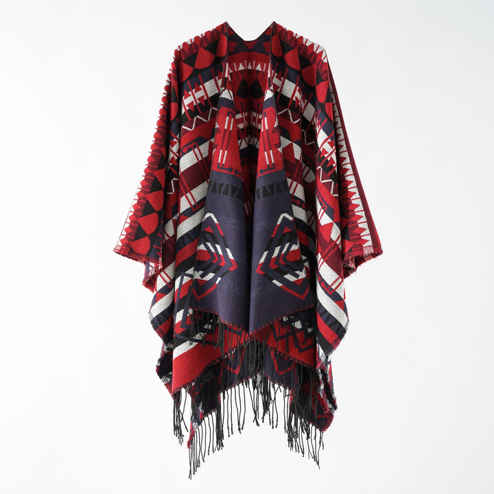 Dam Woven Fringe poncho med Ethno-Jacquard och oversized Drop