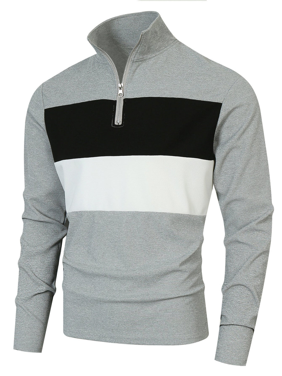 Herr Halv Dragkedja Pullover med Ståkrage, Bred Block Rand, och Finely Ribbad Texture