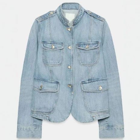 Dam Utility-Stil Denimjacka med Stå Krage, Flapped Fickor, och Shoulder Patches