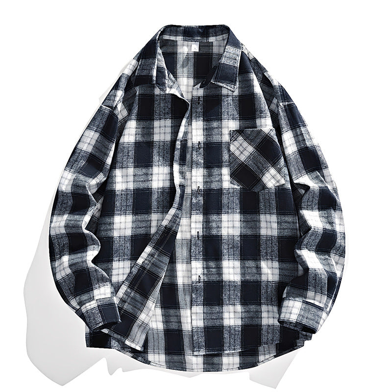 Herr Oversized Rutig Flannel Skjortjacka med Breast Ficka och Rundad Fåll