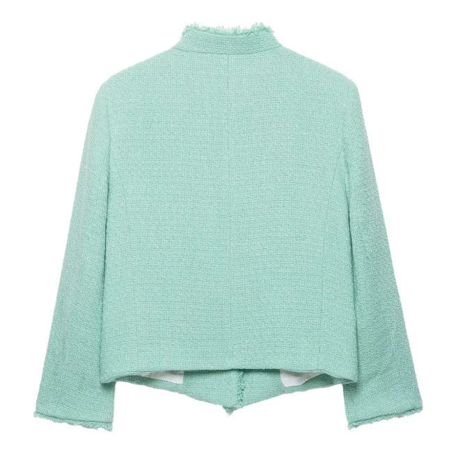Dam Kort Boucléjacka med Asymmetrisk Knapp Knäppning och Fringe Nederkant
