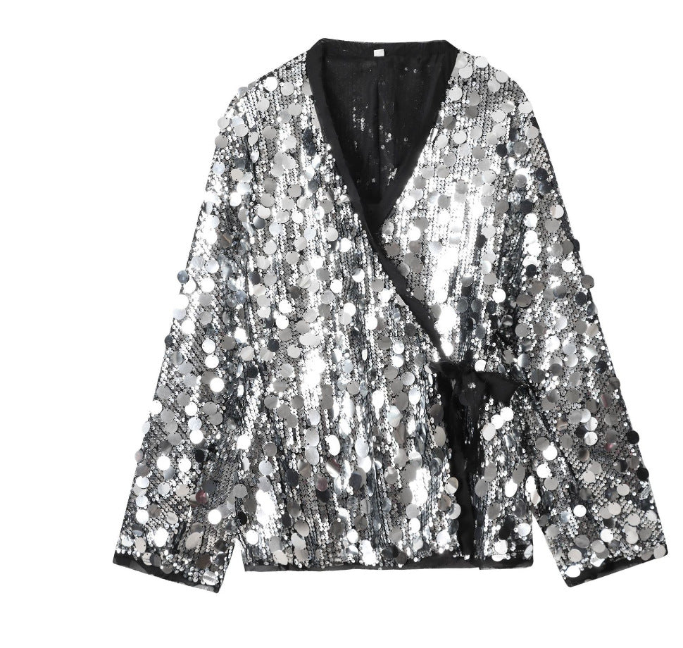 Dam 1900+ Wrap Blouson Jacka med Stora Sequins och Satin Ribbon