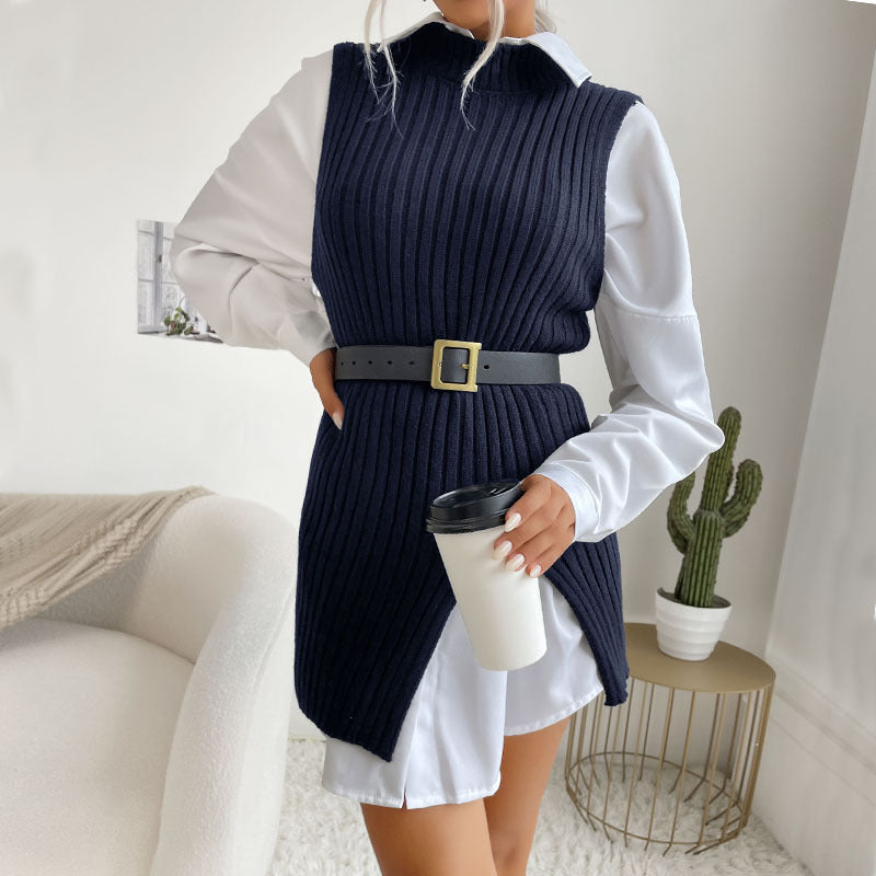 Dam Ribbad Lång Väst med Side Slits, Tapered Bälte och Lång Modell Skärning