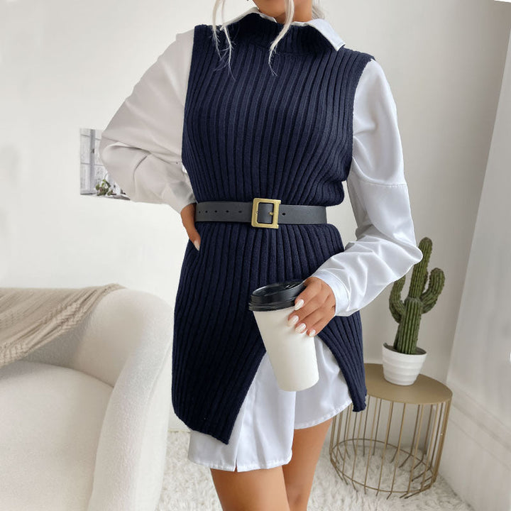 Dam Ribbad Lång Väst med Side Slits, Tapered Bälte och Lång Modell Skärning